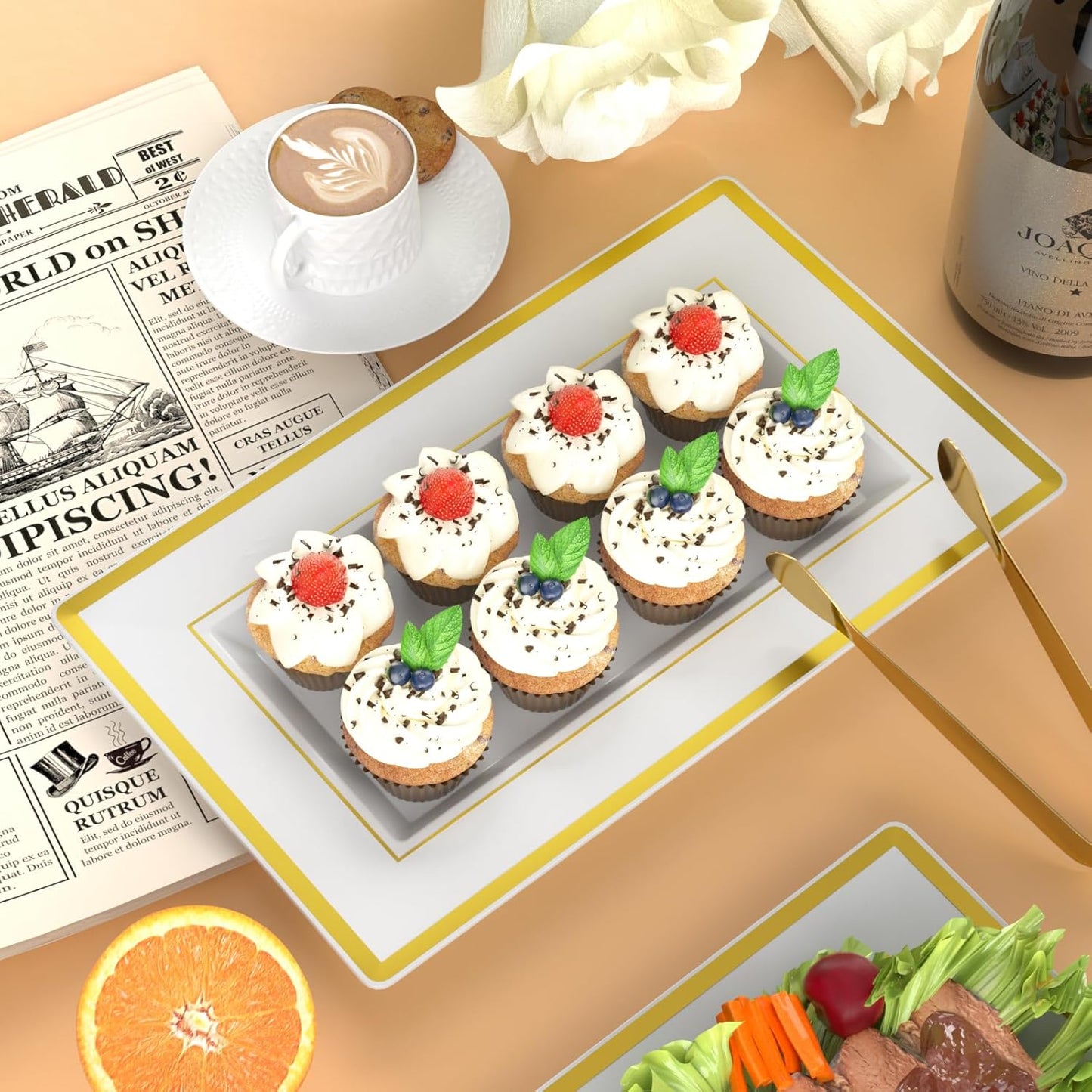 6 Sets Plastic Serving Trays with Serving Tongs, White & Gold Rim Disposable Plastic Serving Platters for Food Fruit Dessert Tea Party Wedding