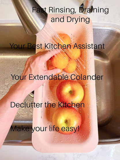 Extendable Colander Over the Sink Strainer basket - Extendable Sink Colander - Wash Fruits and Vegetable. Drain cooked Pasta and Dishes - Efficient Kitchen - Pink 8x19.5x2.8 inches
