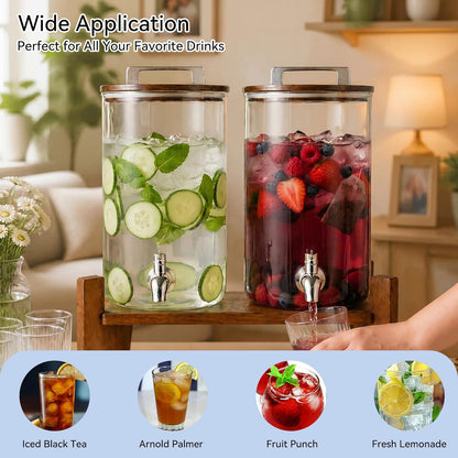 2 Pack 1 Gallon Drink Dispensers for Parties, Glass Drink Dispenser, Beverage Dispenser with Acacia Wood Lid & Stand, Lemonade Dispenser with Stainless Steel Spigot, Water Dispenser for Juice Tea