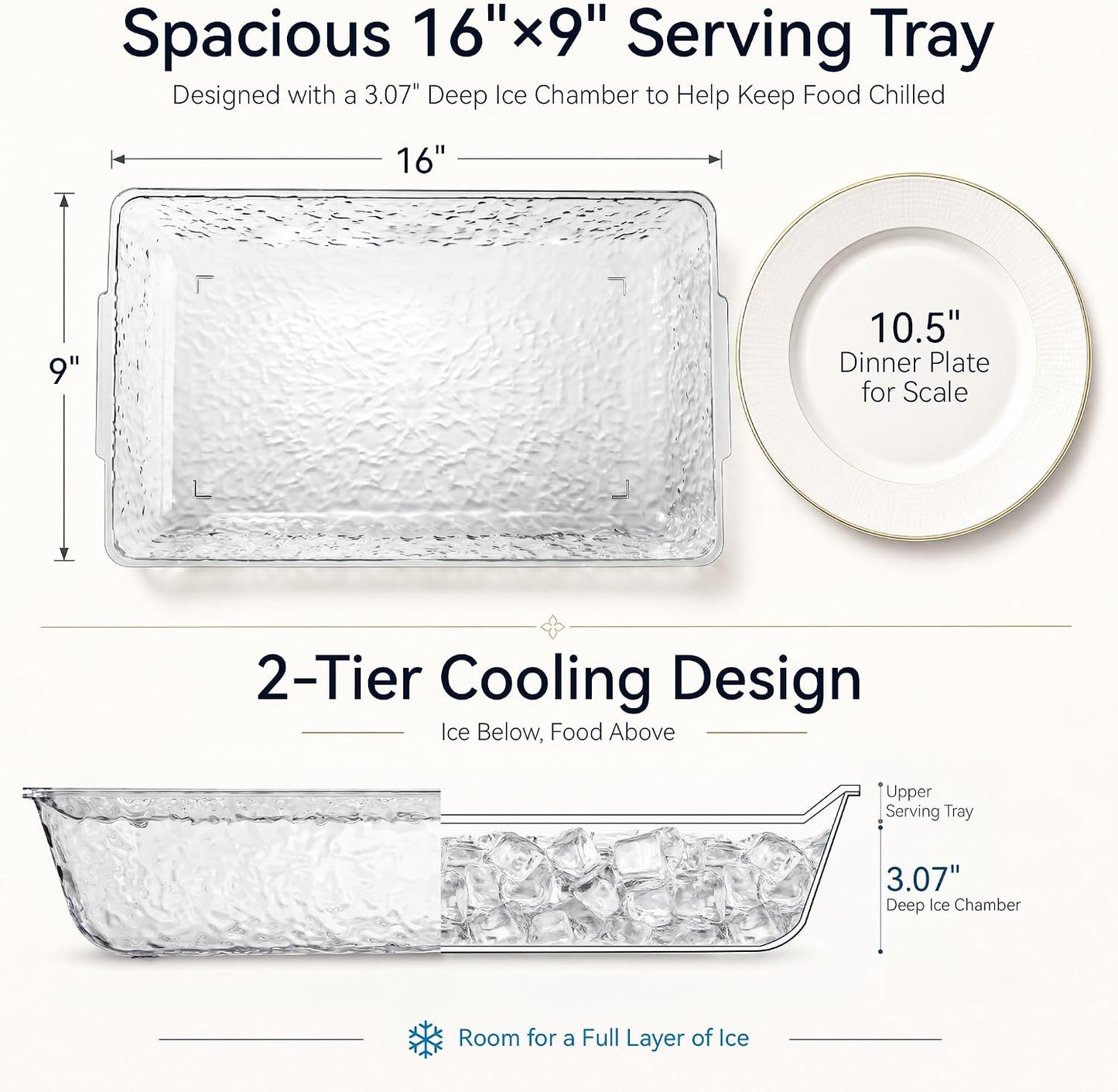 2 Pack Chilled Serving Tray with Ice Chamber, Clear PET Appetizer Platter Set with Stainless Steel Tongs, Fruit Forks & Ice Scoop, Cold Food Tray for Seafood, Fruit, BBQ & Pool Parties
