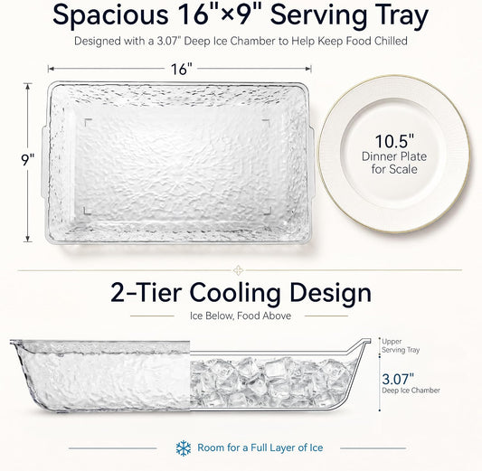 2 Pack Chilled Serving Tray with Ice Chamber, Clear PET Appetizer Platter Set with Stainless Steel Tongs, Fruit Forks & Ice Scoop, Cold Food Tray for Seafood, Fruit, BBQ & Pool Parties