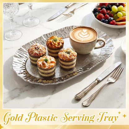 12 Pcs Gold Plastic Serving Tray Bulk, 14.5" x 8.6" Rectangle Gold Party Platters Reusable Decorative Dessert Table Serving Tray for Graduation Wedding Birthday Party Cupcake Decoration