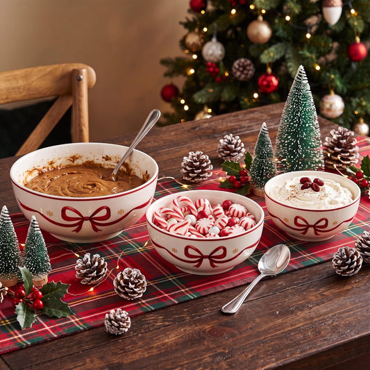 Yungyan 3 Pcs Christmas Mixing Bowls with Red Bow Large Nesting Mixing Bowl