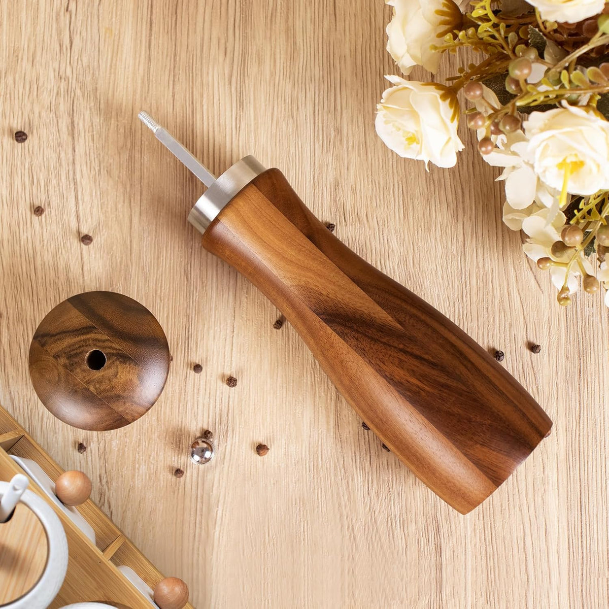 Acacia Wood Pepper Grinder, 8 Inch Salt Mill Pepper Mill for Kitchen