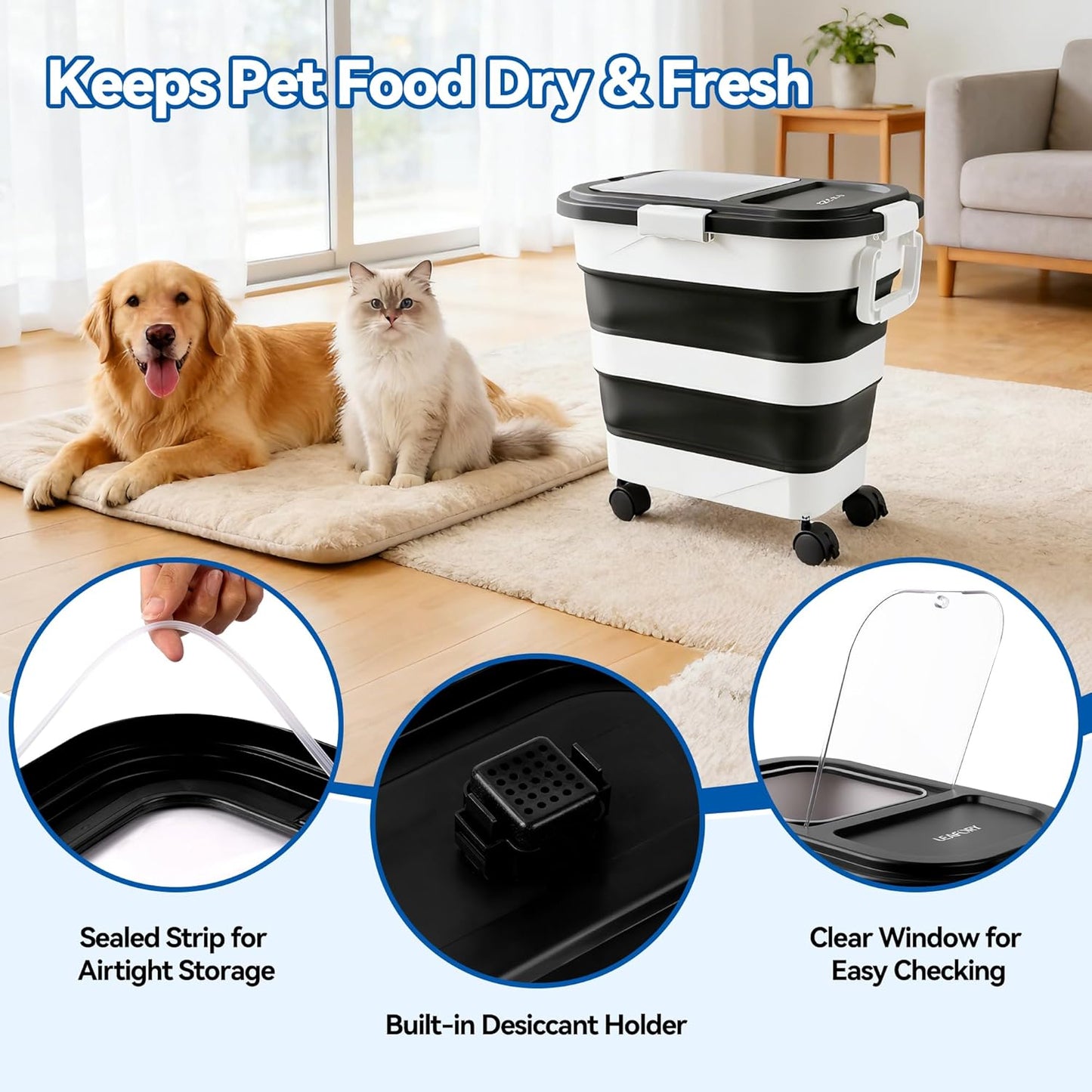 Dog Food Storage Container 20-25lbs, Airtight Pet Food Bin with Locking Lid & Clear Window, Collapsible Rolling Storage Container with Wheels and Scoop, Black