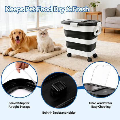 Dog Food Storage Container 20-25lbs, Airtight Pet Food Bin with Locking Lid & Clear Window, Collapsible Rolling Storage Container with Wheels and Scoop, Black