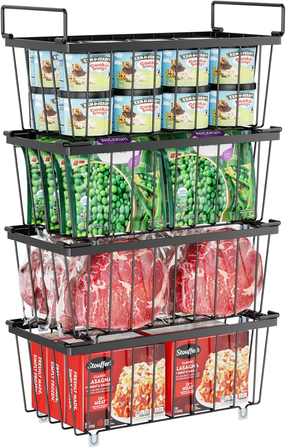 iSPECLE Deep Freezer Organizer Bins, 5 Pack Chest Freezer Baskets for 7 Cu.Ft, Stackable Wire Chest Freezer Organizer Bins for Small Food, Strong Metal with Handles for Meat and Veggies, Black