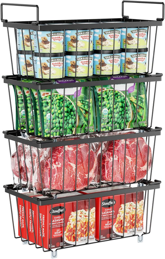 iSPECLE Deep Freezer Organizer Bins, 5 Pack Chest Freezer Baskets for 7 Cu.Ft, Stackable Wire Chest Freezer Organizer Bins for Small Food, Strong Metal with Handles for Meat and Veggies, Black