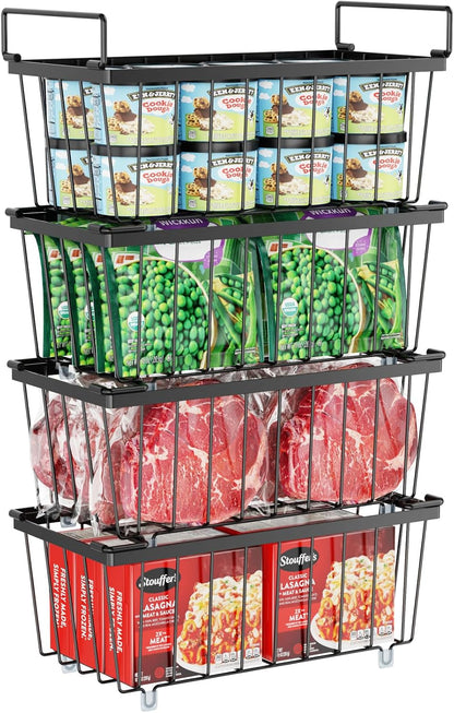 iSPECLE Deep Freezer Organizer Bins, 5 Pack Chest Freezer Baskets for 7 Cu.Ft, Stackable Wire Chest Freezer Organizer Bins for Small Food, Strong Metal with Handles for Meat and Veggies, Black