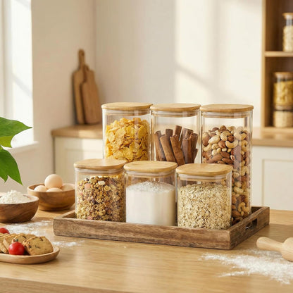 Extra Large Square Glass Flour & Sugar Storage Containers with Airtight Lids, 168 floz - 2 Pack Glass Jars with Bamboo Lids for Pantry, Air tight Food Storage Containers for Cereal, Pasta, Rice