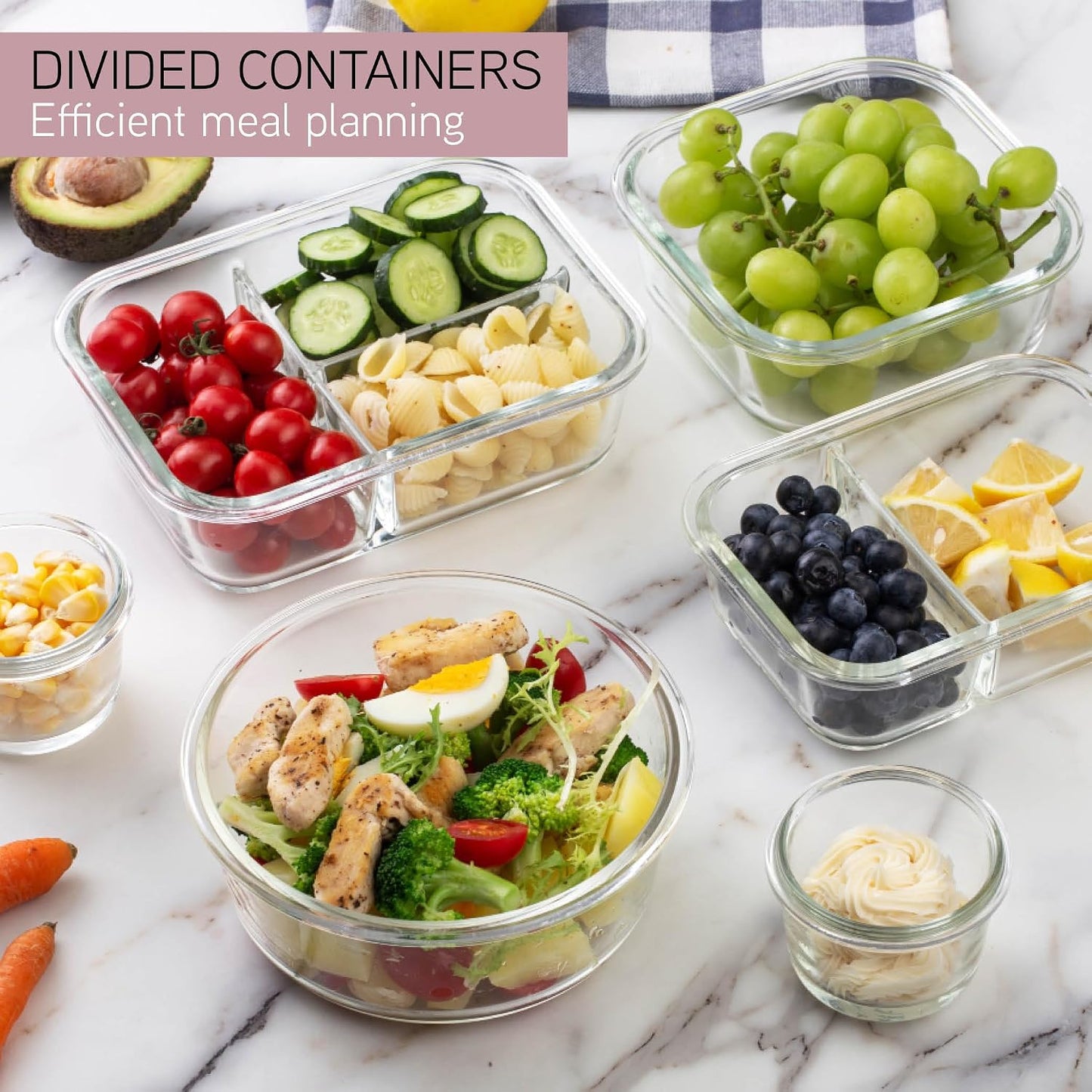COOK WITH COLOR Premium 32-Pc. Borosilicate Glass Food Container Set with Dividers - 4 Rectangles, 8 Rounds, 4 Squares - Leakproof Lids - Meal Prep, Storage, Grey