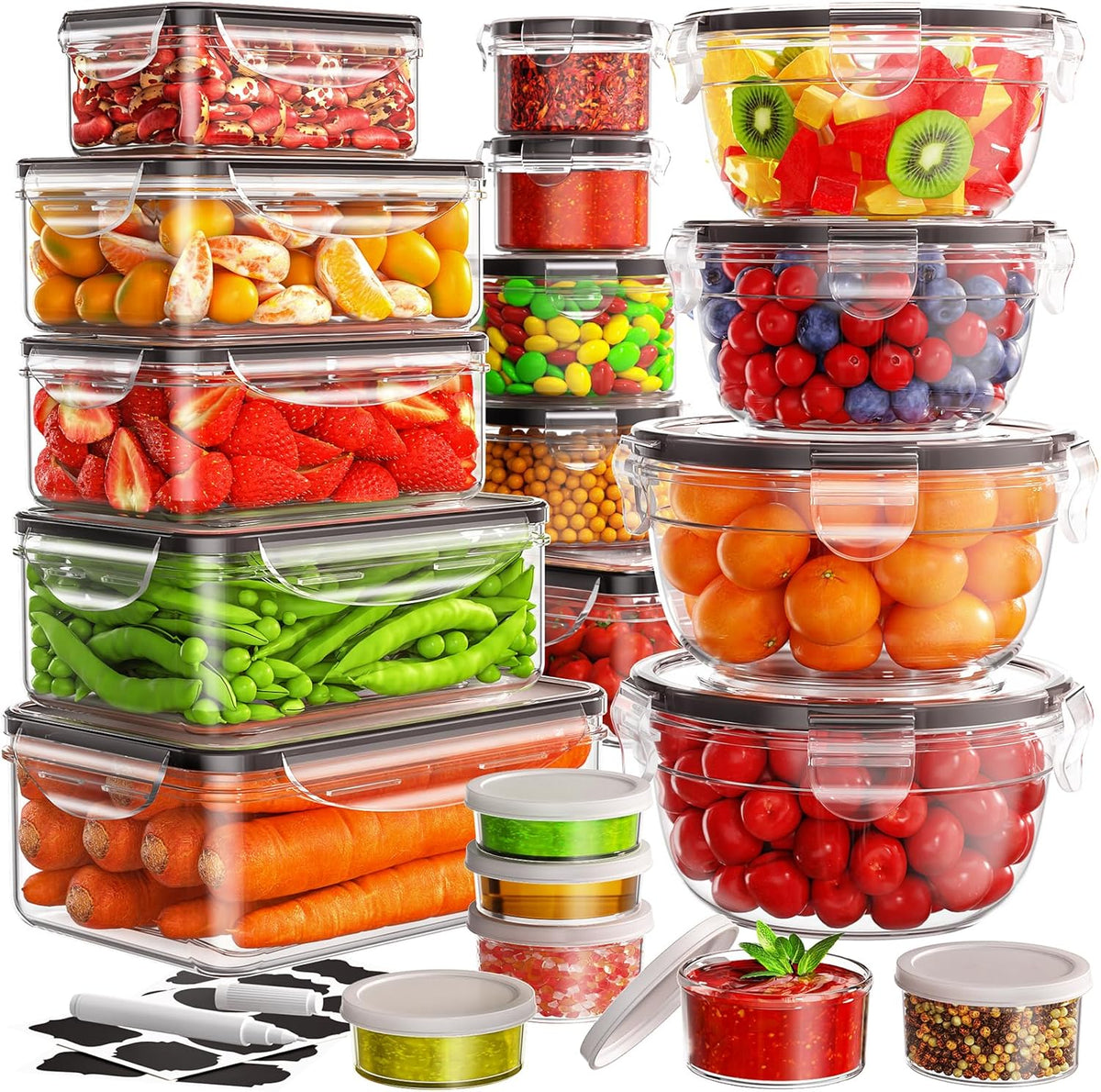 62 PCS Large Food Storage Containers with Lids Airtight (31 Lids &31 Containers) - Leakproof Meal-Prep Containers for Kitchen Storage Reusable Plastic Microwave/Dishwasher Safe with Labels & Pen