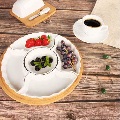 Divided Snack Tray with Lid, 5 Removable Snack Deli Containers with 4 Forks for Party Serving Plate, Fruit Tray with Dips, Snacks, Reusable for Meal Prep, 12.6 Inch