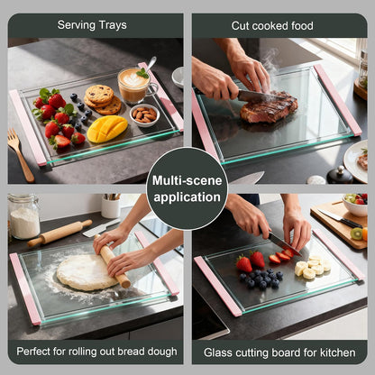 Tempered Glass Cutting Board Set for Kitchen Counter - Dishwasher Safe with Juice Grooves, Non-Slip Silicone Edges & Beveled Grip - 16"x12" & 12"x8" Serving Tray (Blue)