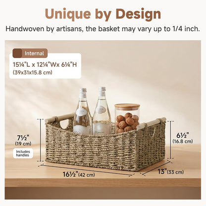 StorageWorks Wicker Baskets for Organizing, Water Hyacinth Storage Baskets with Handles, Woven Baskets for Pantry Storage, 13" x 8¼" x 7", 2-Pack