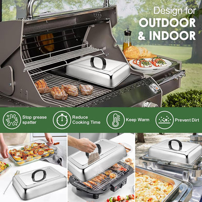 2Pcs Basting Cover Melting Dome for Griddle (13 x 9.8"), Joyfair Rectangular Stainless Steel Cheese Melt Lid for Outdoor Flat Top Grill, Heat-Resistant Handle & Dishwasher Safe (No Vent)
