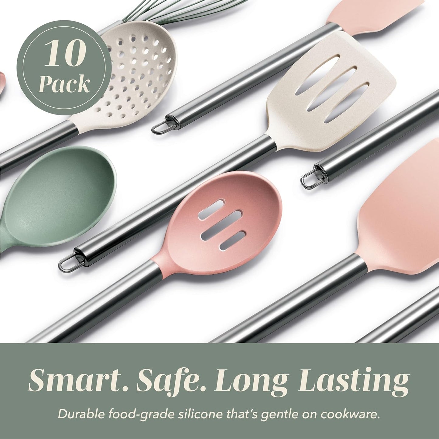 COOK WITH COLOR Silicone Cooking Utensils, Kitchen Utensil Set, Easy to Clean Silicone Kitchen Utensils, Cooking Utensils for Nonstick Cookware, Kitchen Gadgets Set, 38 Piece, Mint
