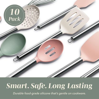 COOK WITH COLOR Silicone Cooking Utensils, Kitchen Utensil Set, Easy to Clean Silicone Kitchen Utensils, Cooking Utensils for Nonstick Cookware, Kitchen Gadgets Set, 38 Piece, Mint