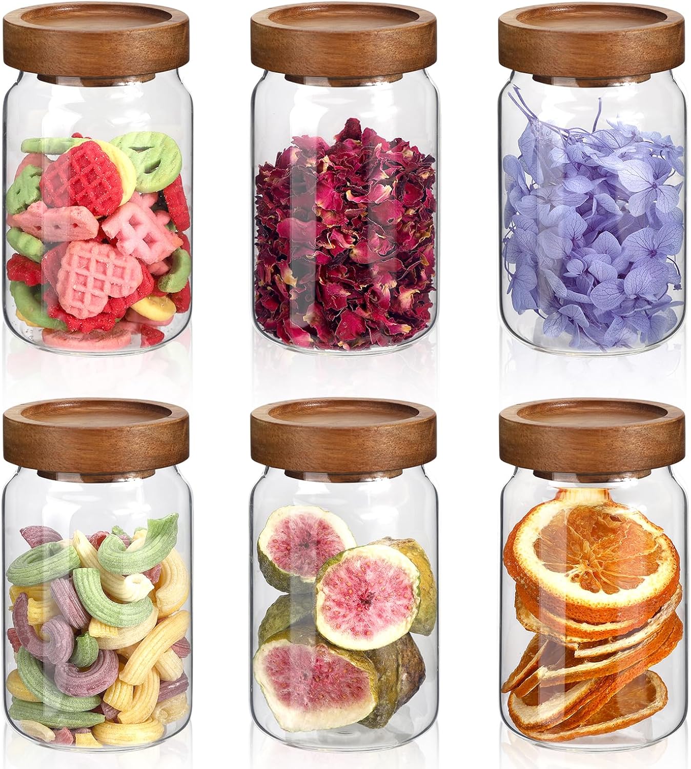 6 pc Glass Spice jars Glass Jars with Screw Lid 5 oz Acacia Wood Glass Herb Sugar Coffee Bean Ground Container Food Storage Canister for Candy Pantry Tea Seasoning Meal Prep Snack (6*150ml(5oz))