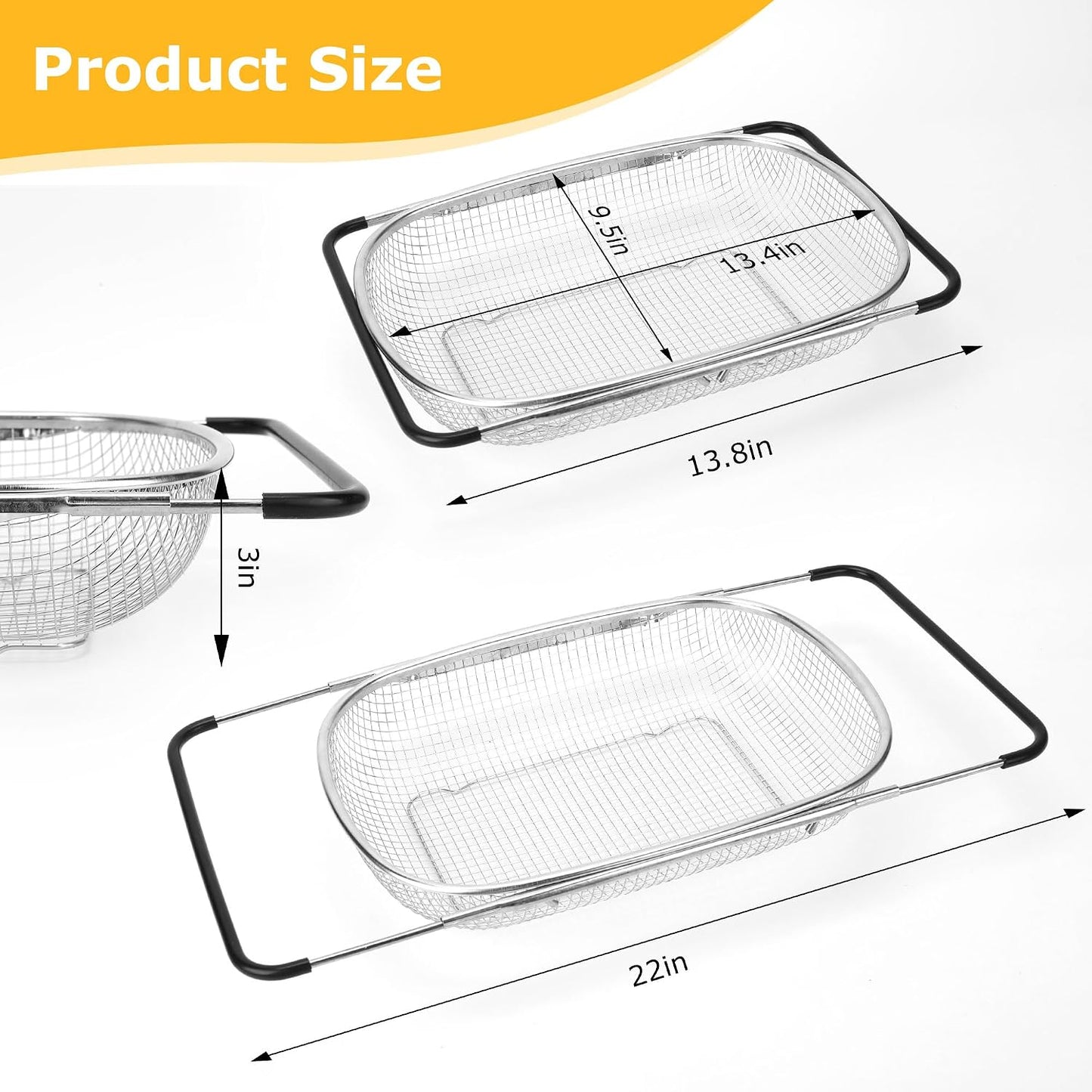 ZDRongZhen Kitchen Accessories Over the Sink Colander Strainer Basket，Stainless Steel Colander with Expandable Rubber Grip Sink Drainer-Rinse Vegetables Fruits &Strain&Drain (Large-Fine mesh)