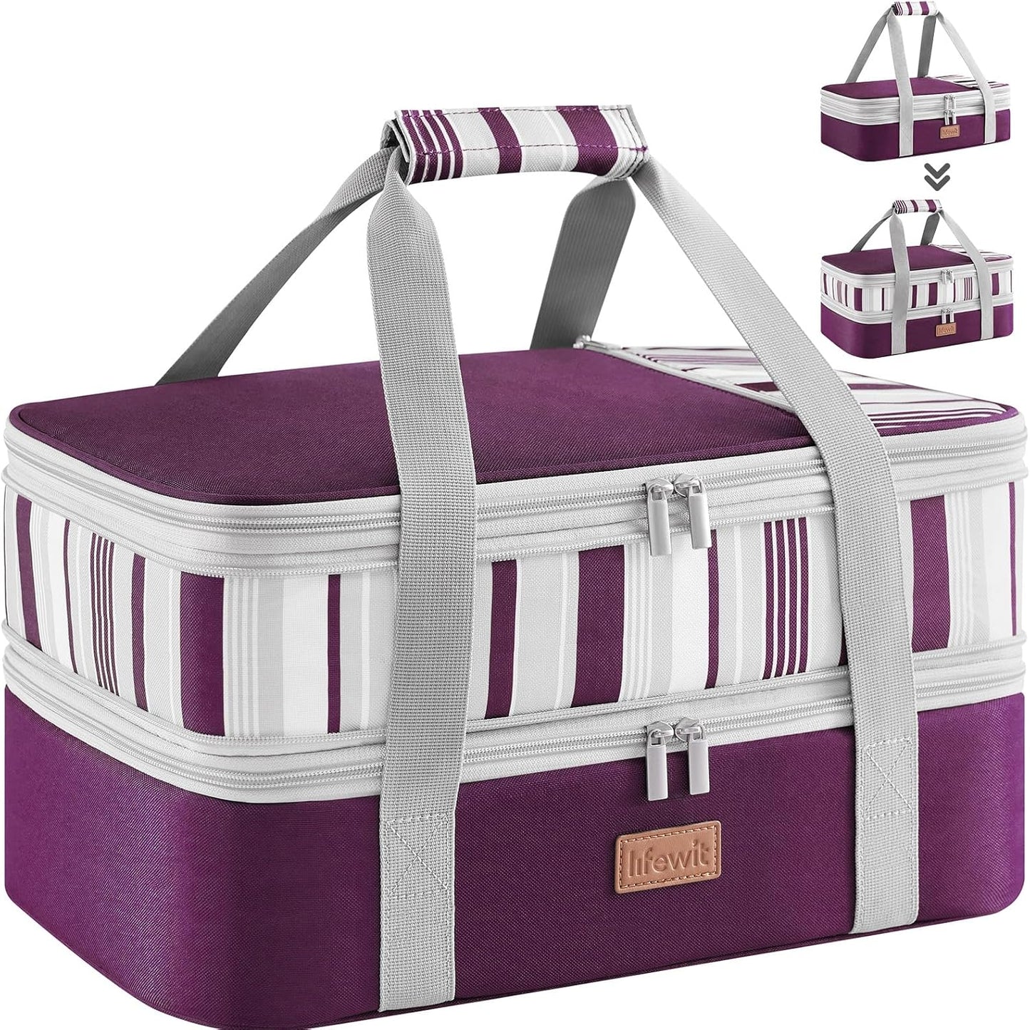 Lifewit Insulated Double Decker Casserole Carrier, Expandable Lasagna Lugger Tote Bag for Hot or Cold Food, Fits 9" x 13" Baking Dish for Potluck Parties, Picnic and Cookouts, Grey-Geometric