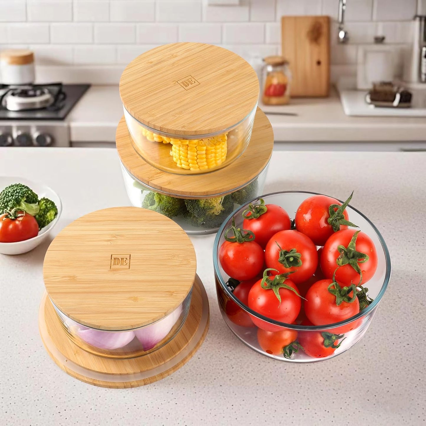 DE Glass Food Storage Containers with Bamboo Lids – 4 Pack (12oz/21oz/35oz/51oz) – BPA-Free Borosilicate Glass Meal Prep Boxes – Oven, Microwave, Freezer Safe – Stackable & Airtight