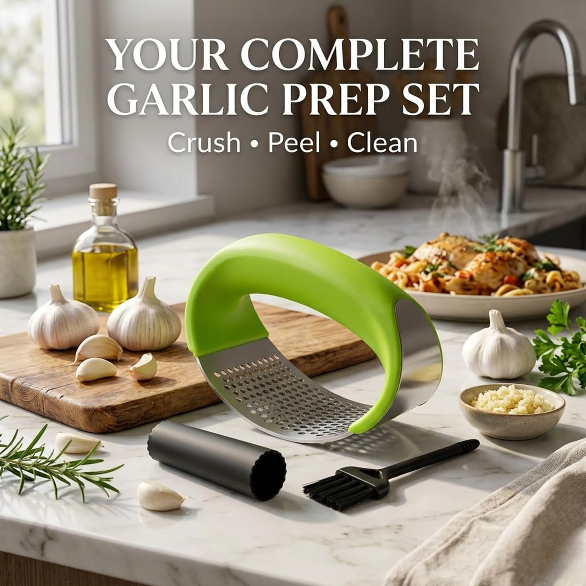 Angel's Peel Lounge Stainless Steel Garlic Press Rocker Set with Silicone Garlic Peeler & Cleaning Brush – Garlic Chopper, Mincer, Grater, Crusher – Easy for Crushed Cloves – Rust-Resistant, Black