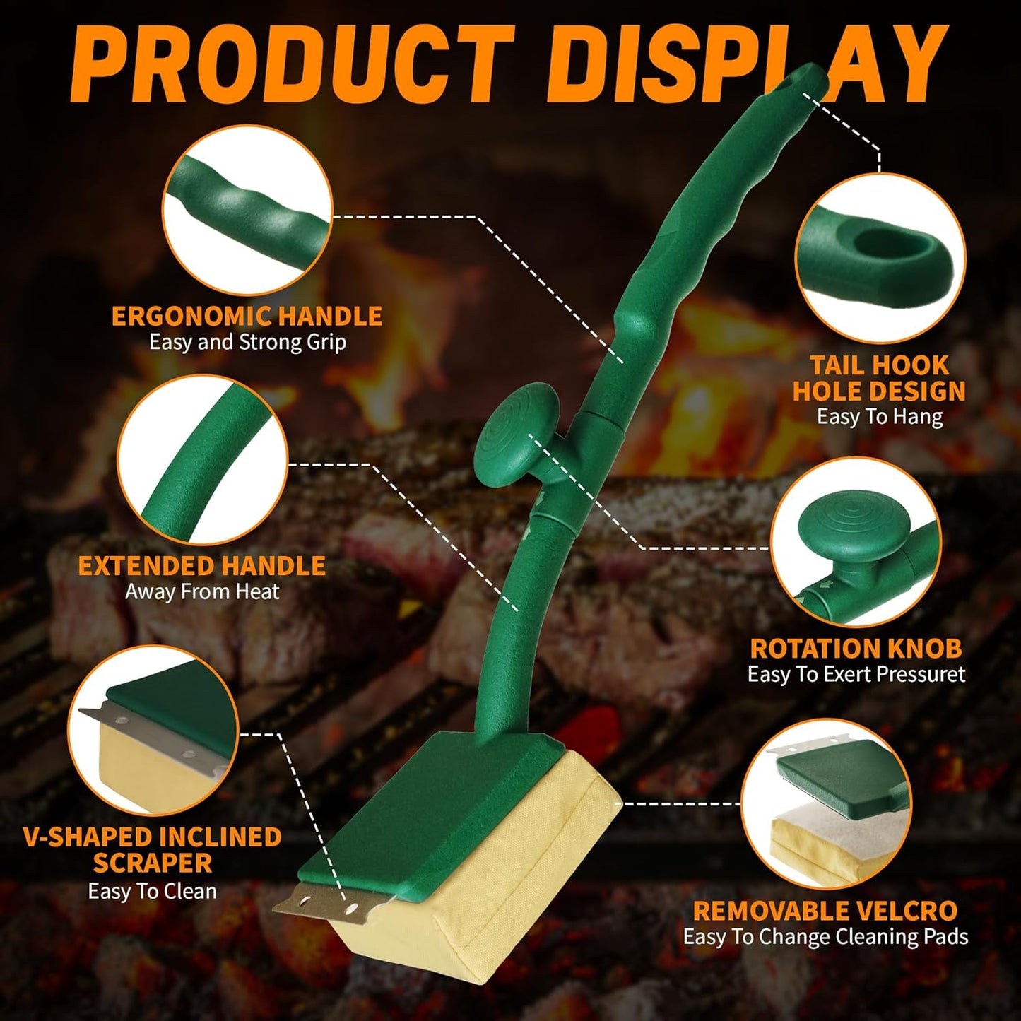Grill Brush Bristle Free with Scraper, 22" Steam Grill Brush for Outdoor Grill, Replaceable Cleaning Head, Grill Cleaner for Cast Iron/Stainless Steel Grates - Green