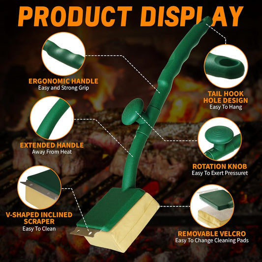 Grill Brush Bristle Free with Scraper, 22" Steam Grill Brush for Outdoor Grill, Replaceable Cleaning Head, Grill Cleaner for Cast Iron/Stainless Steel Grates - Green