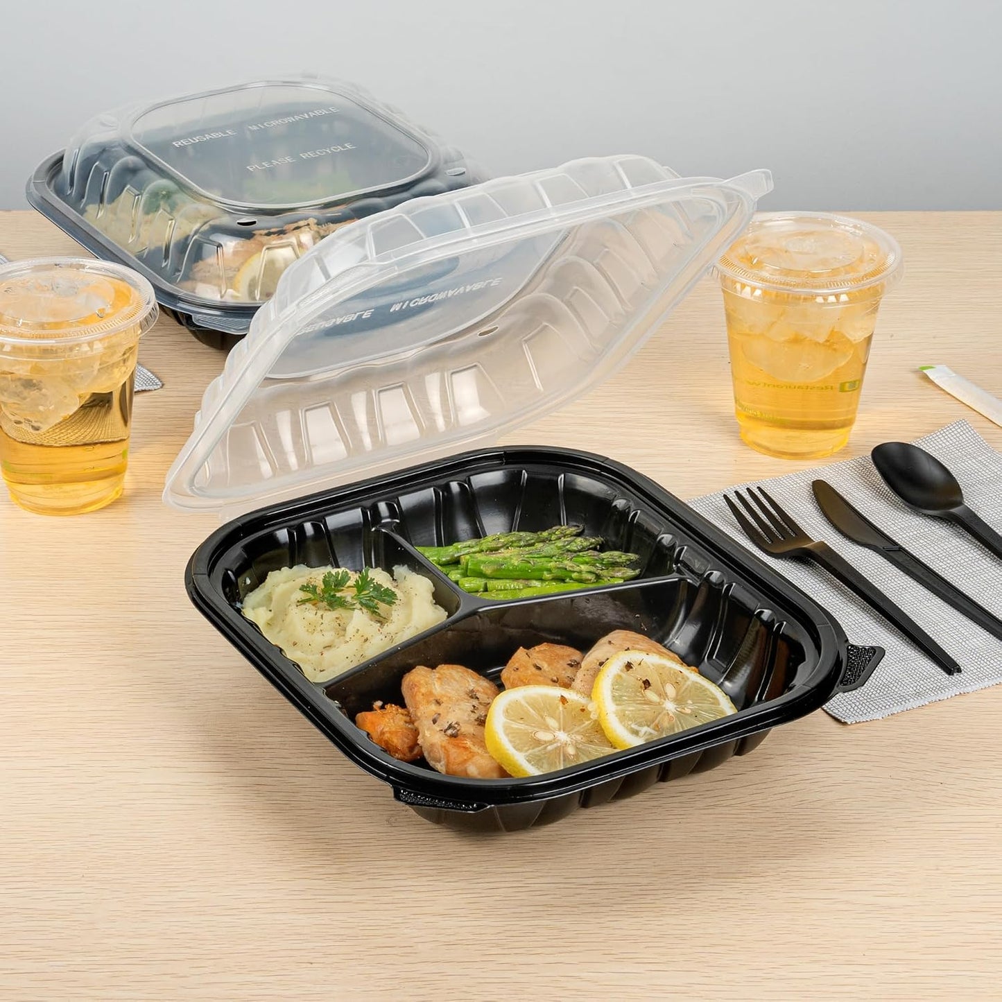 Thermo Tek 40 Ounce Clamshell Containers, 50 Disposable Take Out Boxes - 3 Compartments, Ventilated Lids, Black Plastic Meal Prep Containers, Microwavable, For Pasta Or Salads - Restaurantware