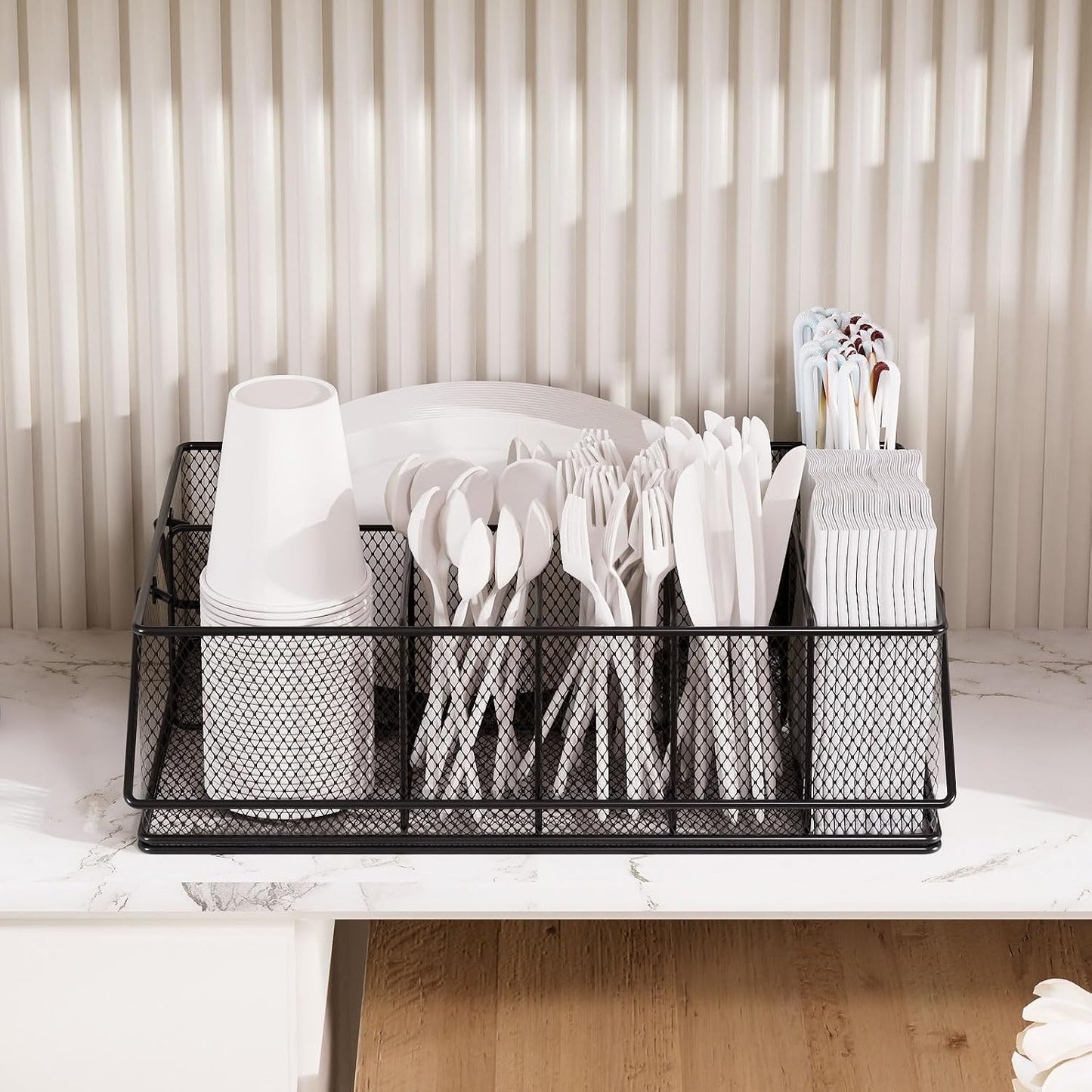 Paper Plate Organizer for Countertop, Metal Silverware Caddy with 6 Compartments for Cup, Napkin, Utensil Holder Caddy for Party, Camping, Picnic