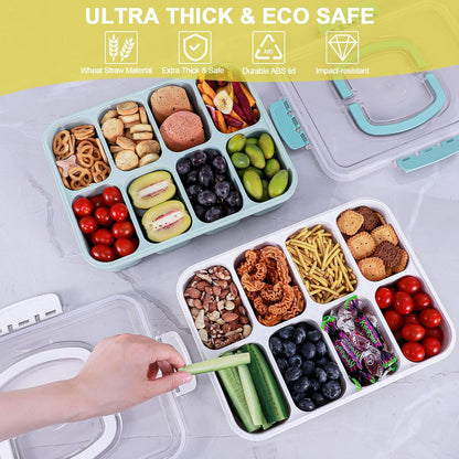 Snackle Box Container, Large 8-Compartment Divided Serving Tray with Lid and Handle, Portable Snack Tray for Travel Party Beach Picnic, Dishwasher Safe, BPA-Free, Wheat Straw