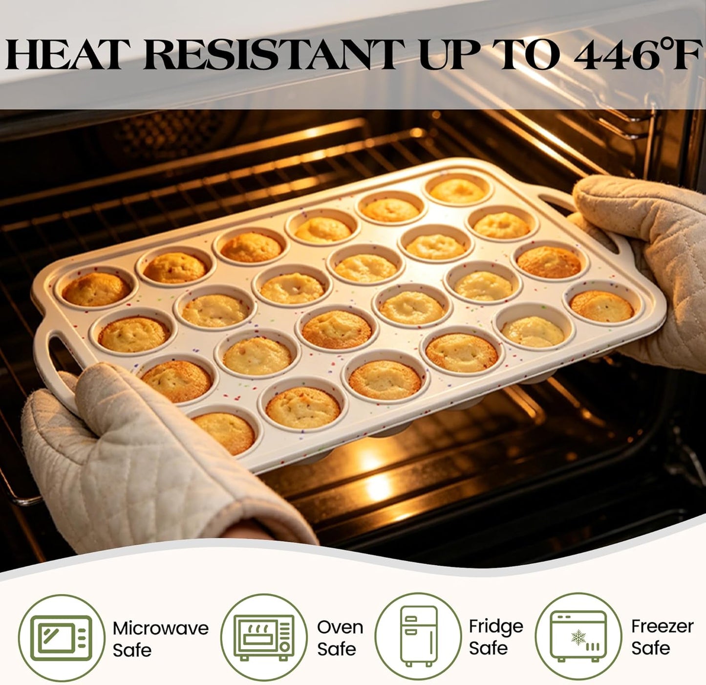 Regular 12 Cup and Mini 24 Cup Nonstick Cupcake Pan Set Silicone Muffin Pan for Baking Silicone Cupcake Mold with Metal Reinforced Frame BPA Free (2 Pcs, Cream)