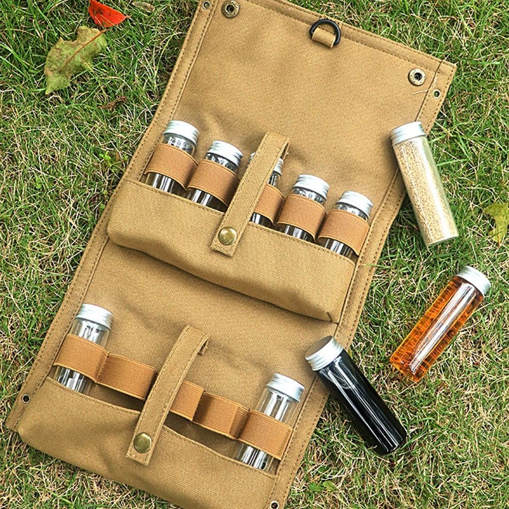 Portable Spice Bag, Travel Spice Kit with 10 Spice Jars, Foldable Compact Seasoning Storage Bag Condiment Organizer for Outdoor BBQ, Picnic and Cooking(Black)