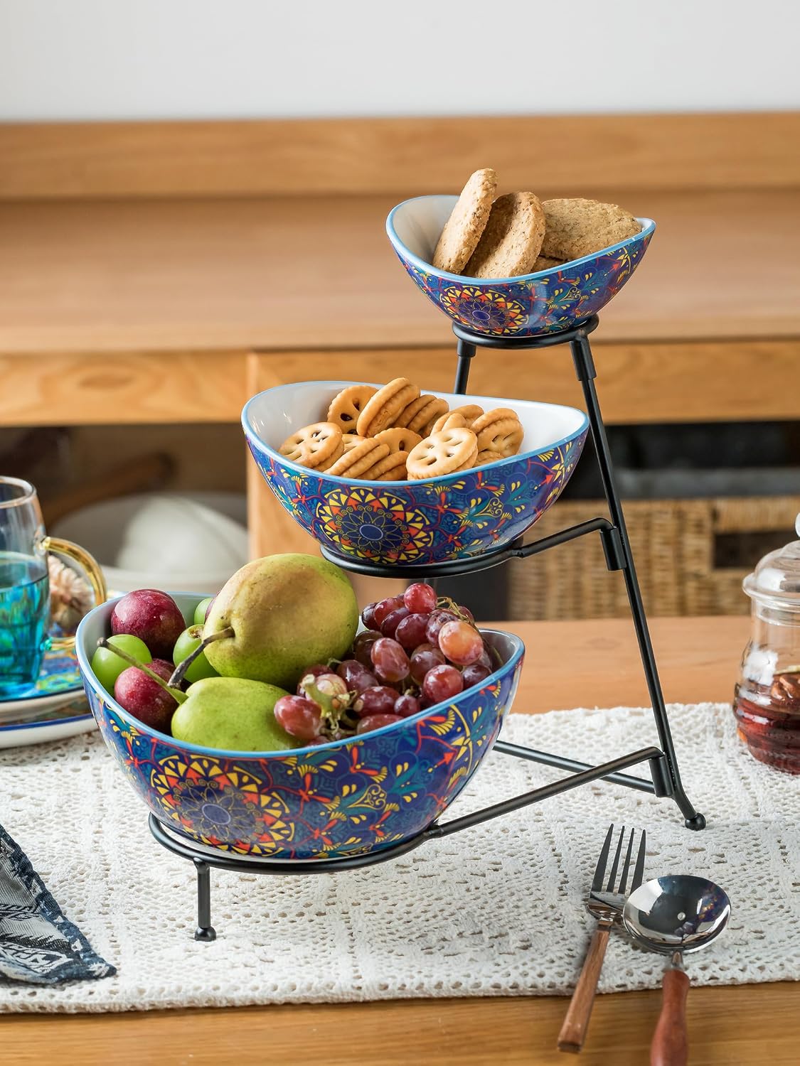 YHOSSEUN 3 Tier Serving Stand Oval Serving Bowl with Metal Rack, Tied Serving Bowls Food Display Dessert Appetizer, Chip and Dip Serving Bowl Set for Parties, Gold-45oz / 17.5oz / 7oz