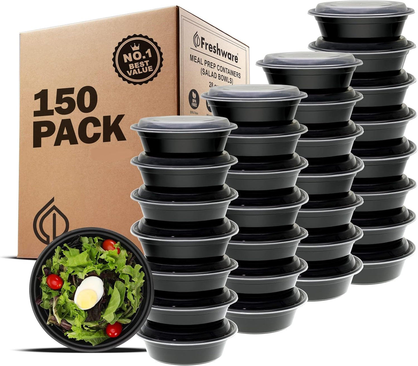 Freshware Meal Prep Containers [15 Pack] 2 Compartment with Lids, Food Storage Containers, Bento Box, BPA Free, Stackable, Microwave/Dishwasher/Freezer Safe (28 oz), Black