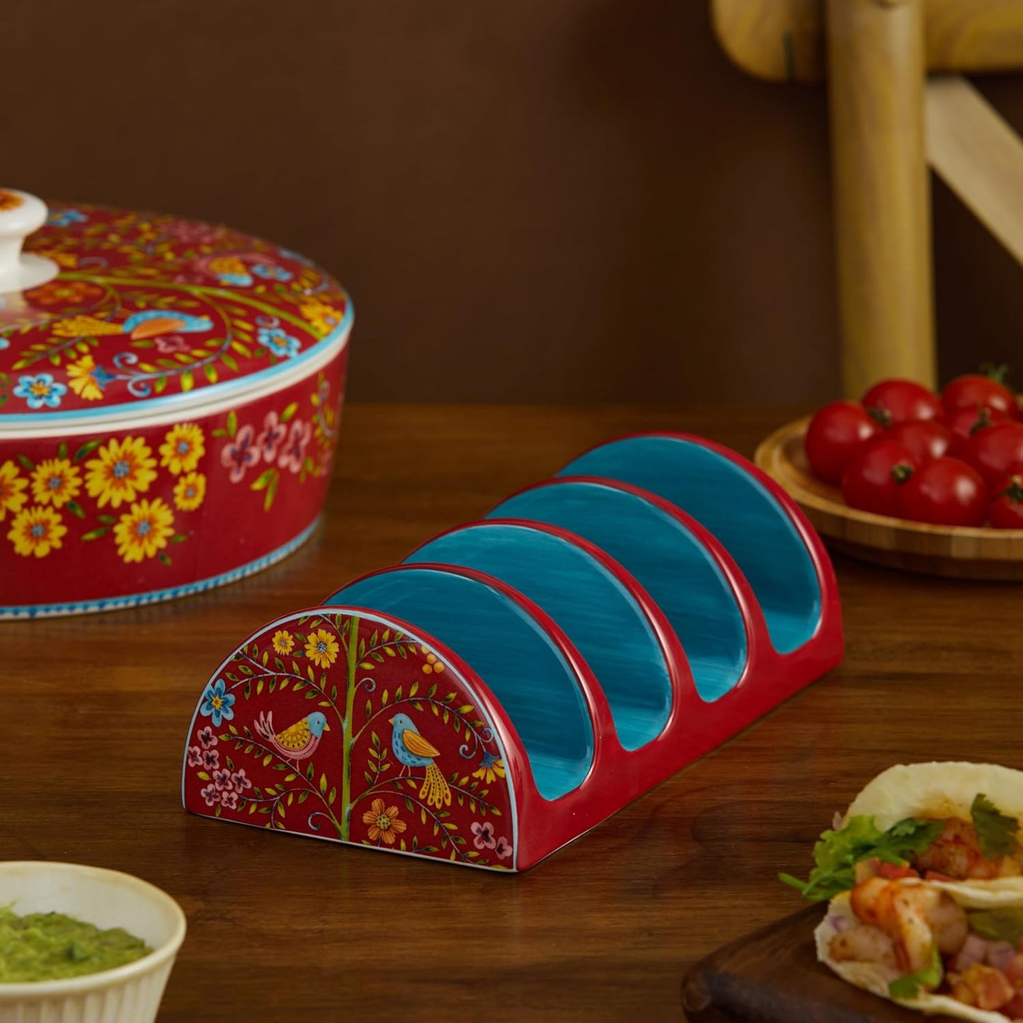 Bico Blue Talavera Ceramic Taco Holder, Taco Stand Rack Tray, Microwave and Dishwasher Safe