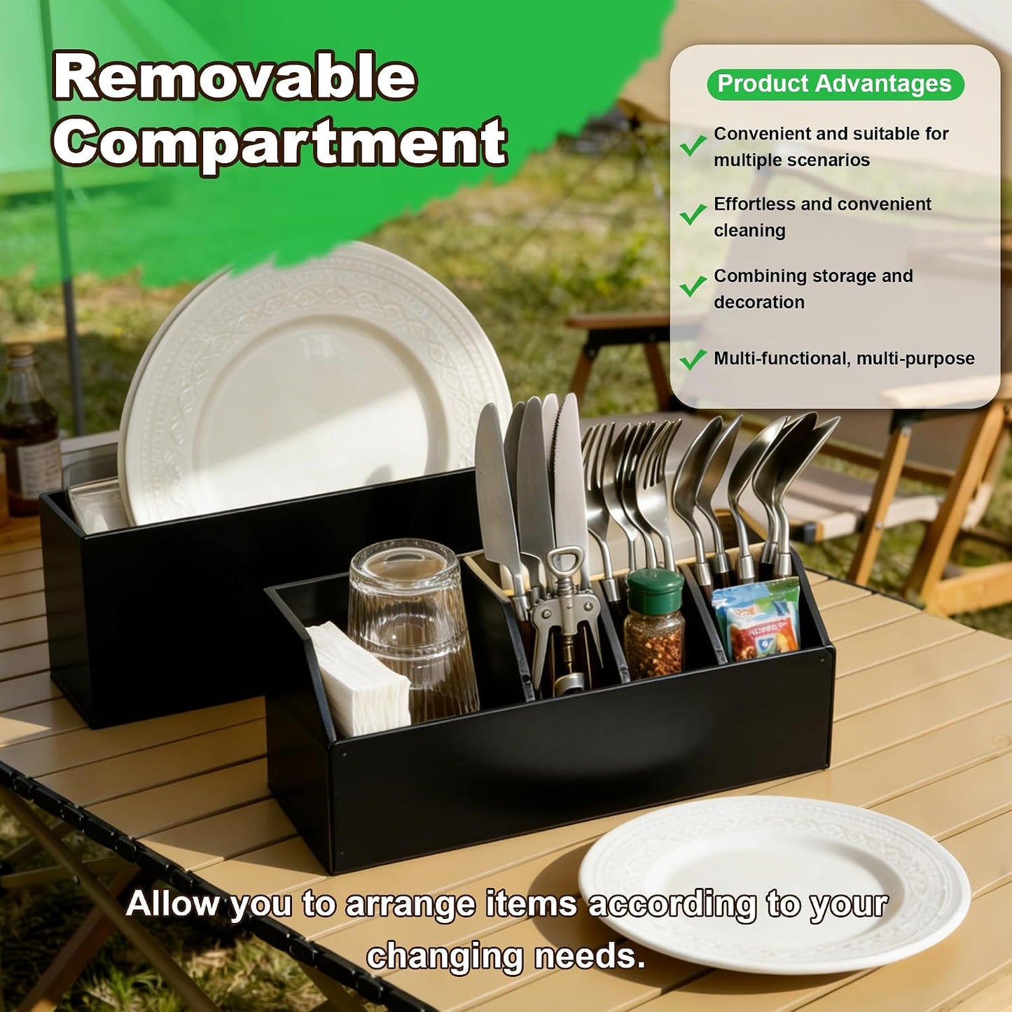 Large Kitchen Utensil Holder Caddy, 6 Compartments Wooden Utensils Organizer for Cooking Utensils, Silverware, Paper Plate, Spoon, Fork, Cutlery Storage on Kitchen Countertop for Party Hosting