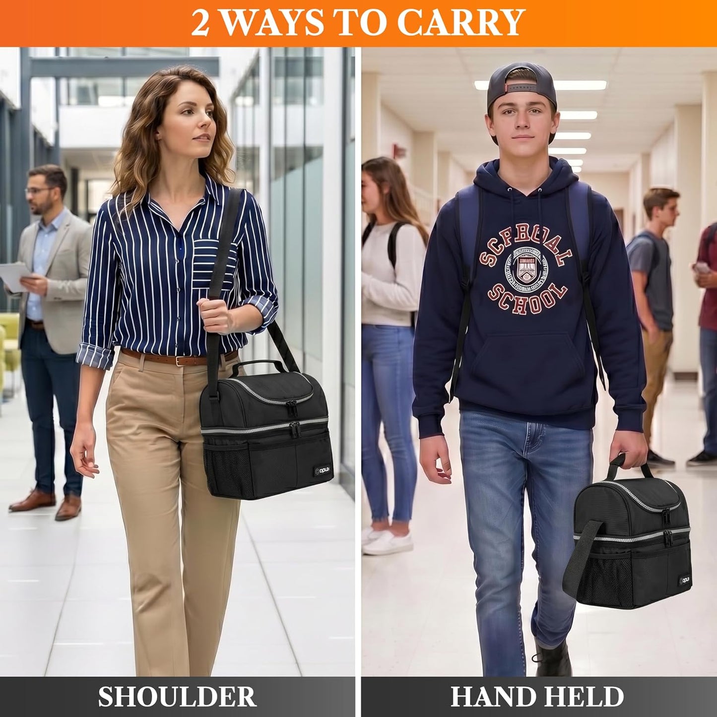 opux Insulated Lunch Bag for Men Women, Double Decker Leakproof Lunch Box Cooler Tote with Shoulder Strap, Large Lunchbox for Work School Travel Meal Prep, Adults Kids Boys Girls, Green, 16 Cans
