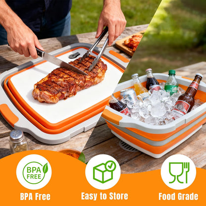 Collapsible Cutting Board with BBQ Prep Tub and Lid, Foldable Food Prep Container for Meal Prep, Marinating, Food Storage, Grilling, Camping and Outdoor Cooking, Dishwasher Safe, Black XX-Large