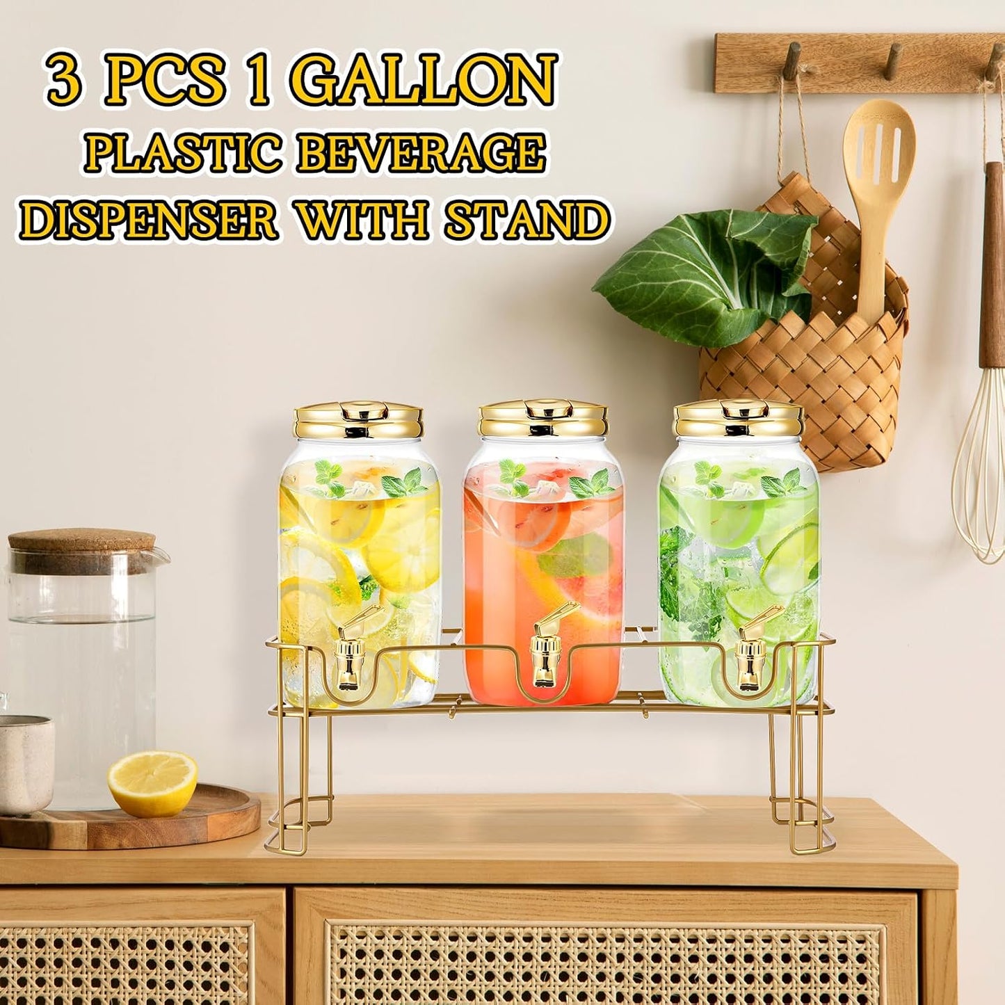 Tanlade 3 Pcs Plastic Drink Dispenser with Stand Beverage Dispenser with Sturdy Metal Base Juice Dispensers for Parties Lemonade Jar Spigot for Weddings Countertop, Each 1 Gallon(White)