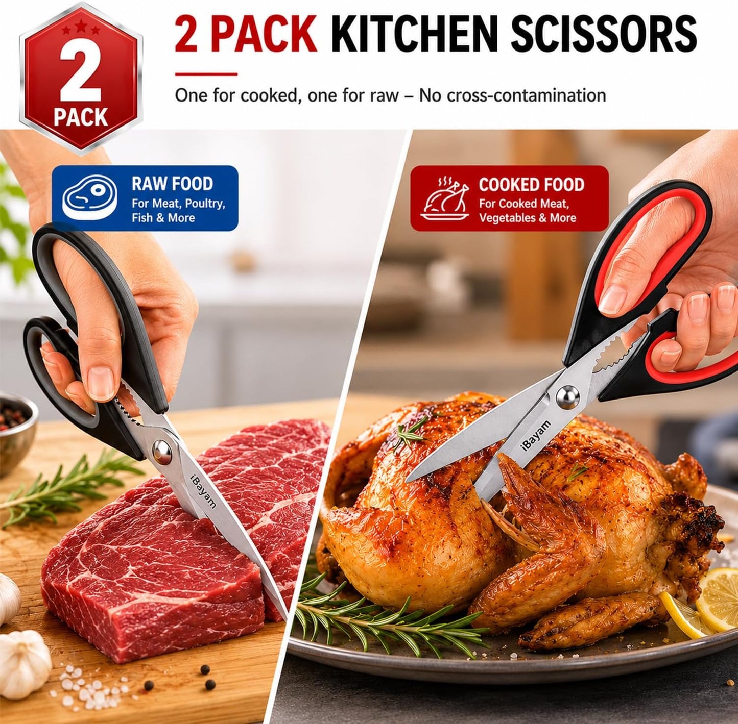 iBayam 2 Pack All Purpose Kitchen Shears Heavy Duty - Stainless Steel Kitchen Scissors With Protective Sheath, Soft Comfort-Grip Handle, Food & Meat Scissors, Home, Kitchen, Dining Utility Gadgets
