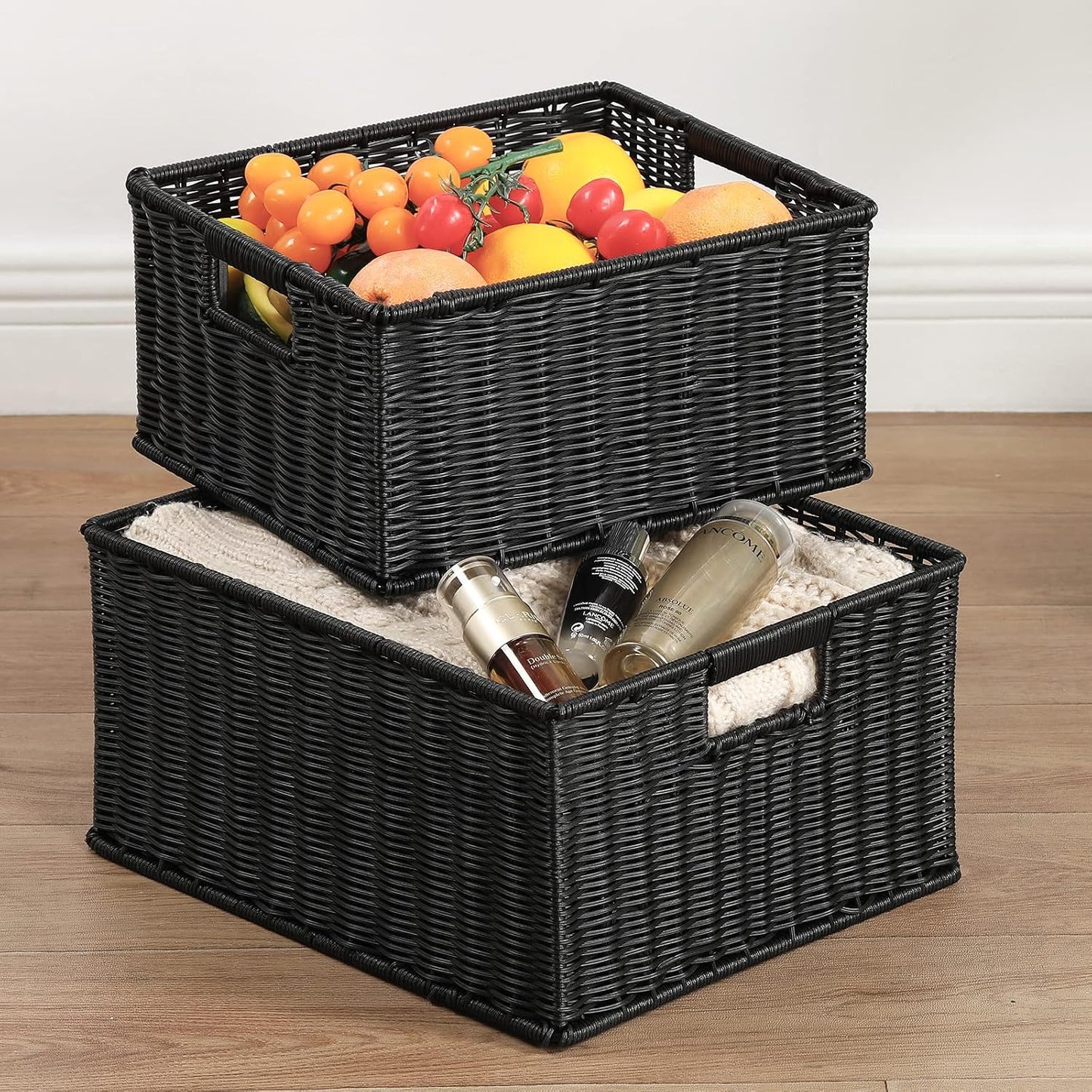 HOONEX Water Hyacinth Storage Baskets, Wicker Baskets for Storage, Hand Woven Baskets with Carry Handles, Set of 2, Natural