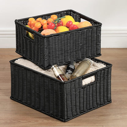 HOONEX Water Hyacinth Storage Baskets, Wicker Baskets for Storage, Hand Woven Baskets with Carry Handles, Set of 2, Natural