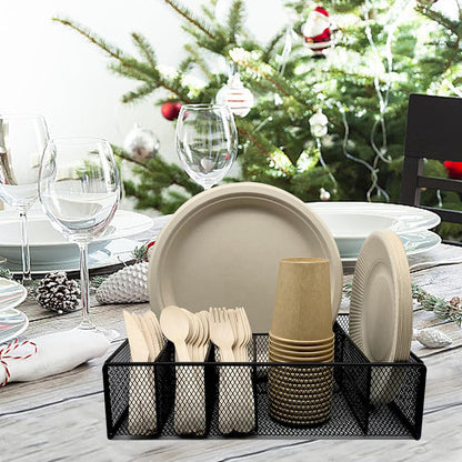 Dysanvica Metal Paper Plate Holder - Utensil Silverware Caddy for Kitchen Counter Cabinet Cutlery Flatware Organizer Storage Dispenser Box for Plastic Spoon Fork Plates Napkins Cup Party Camping White