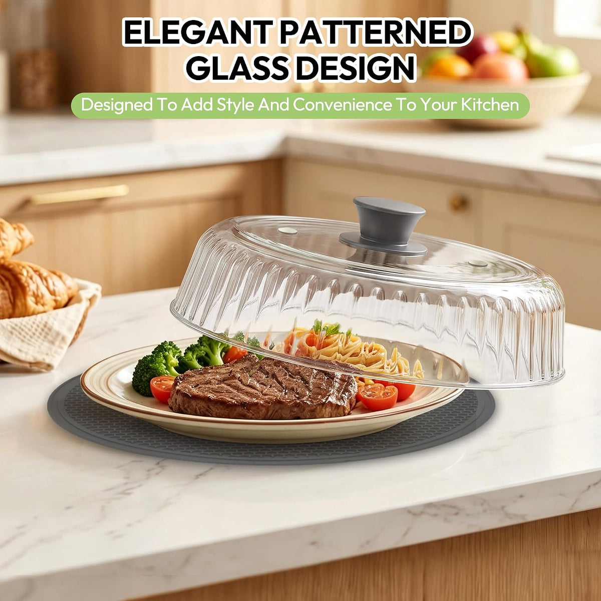 Glass Microwave Cover for Food, 10 Inch Heat Resistant Splatter Guard Lid with Silicone Mat & Vent Holes, Borosilicate Glass Dishwasher Safe, BPA-Free No Plastic