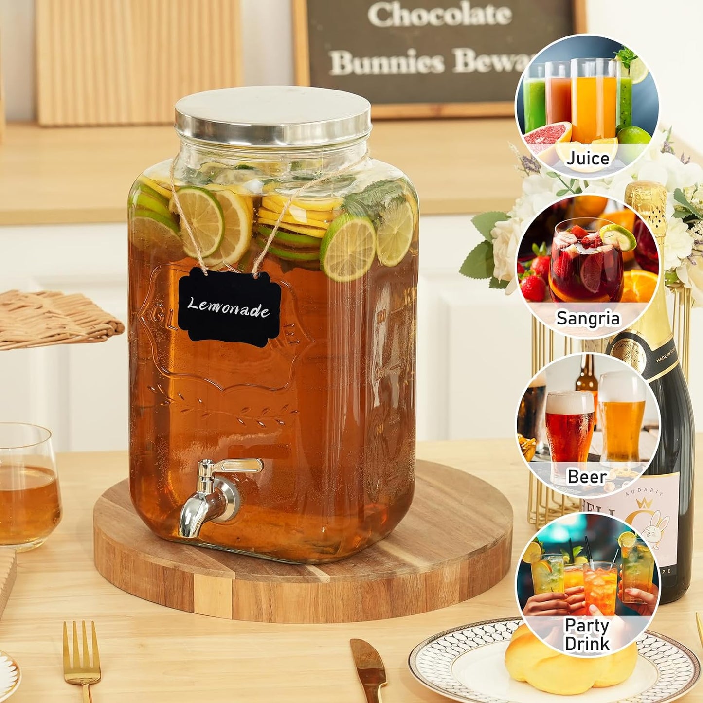 Bululuo Glass Drinks Dispenser for Parties, 2 Gallon Beverage Dispenser with Stand for Juice and Iced Tea, Water Jug Dispenser for Lemonade, Party Essential Beverage Pitcher with Spout