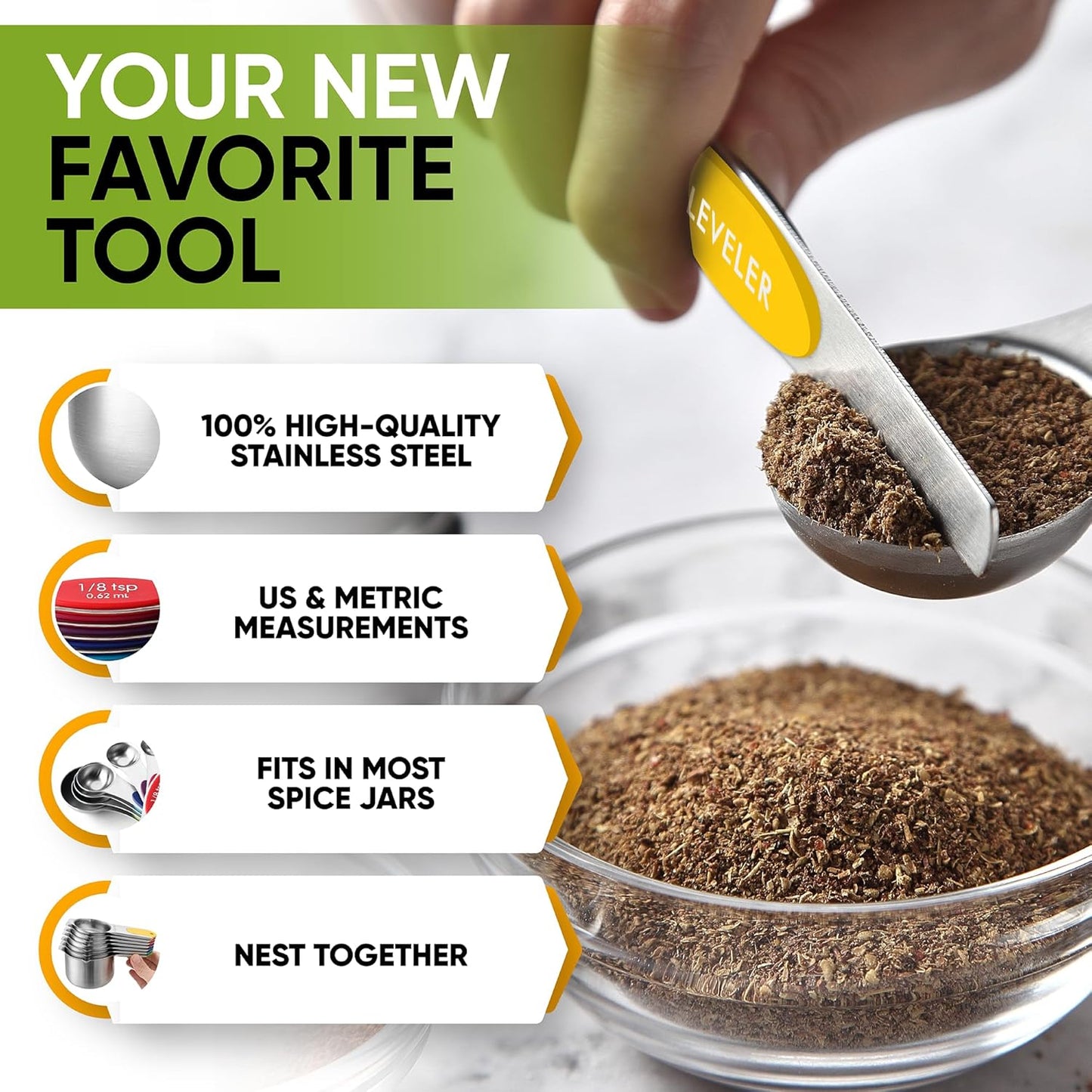 Spring Chef Magnetic Measuring Cups & Spoons Set, Patented, Strong N45 Magnets, Heavy Duty Stainless Steel Fits in Spice Jars for Baking & Cooking, BPA Free, Round Set of 15 with Leveler, Black