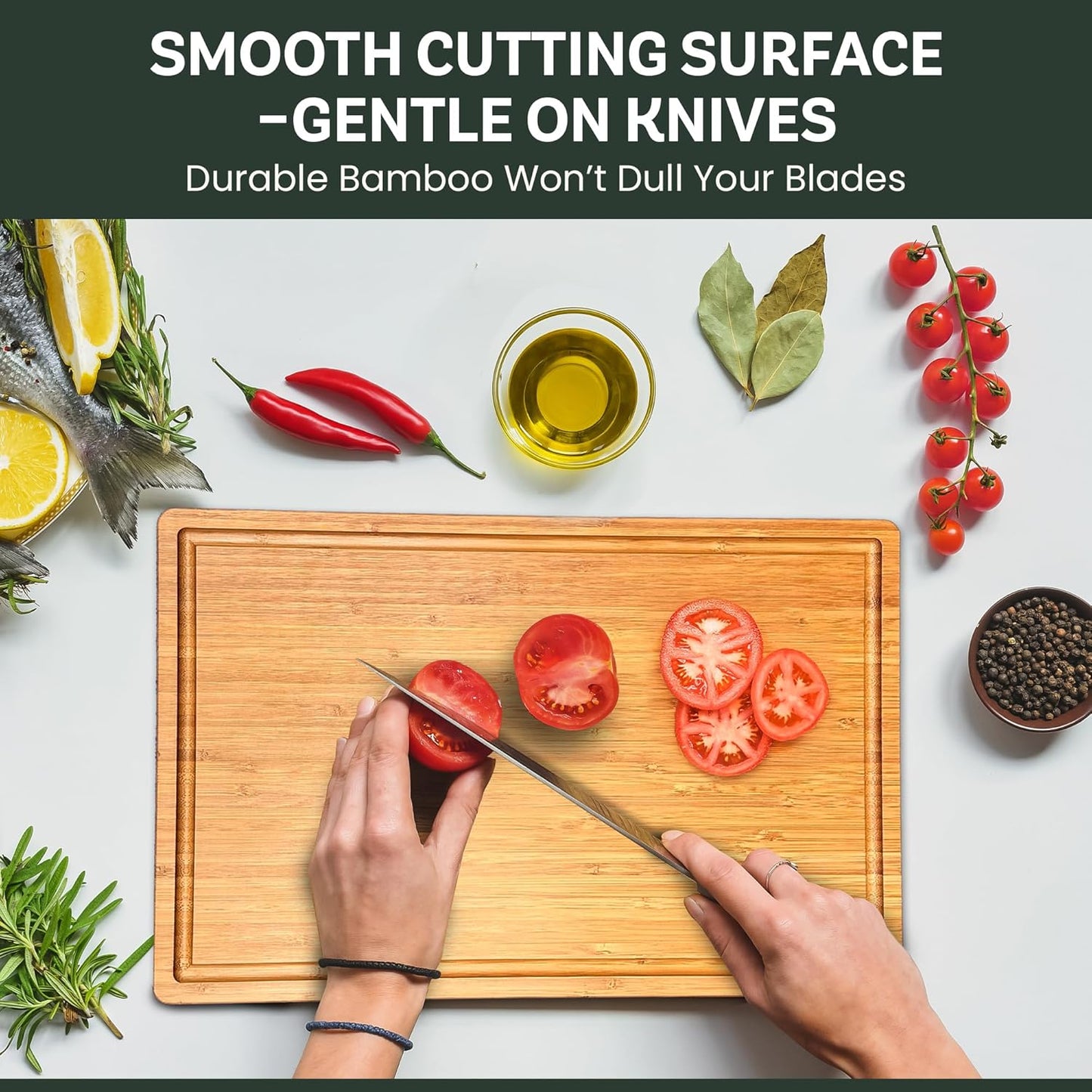 Bamboo Cutting Board Set for Kitchen - 3 Piece Reversible Wooden Cutting Boards, Wood Chopping Boards for Meat, Bread, Fruit, Cheese, Meal Prep, Wood Board and Charcuterie Serving Boards by Bambusi