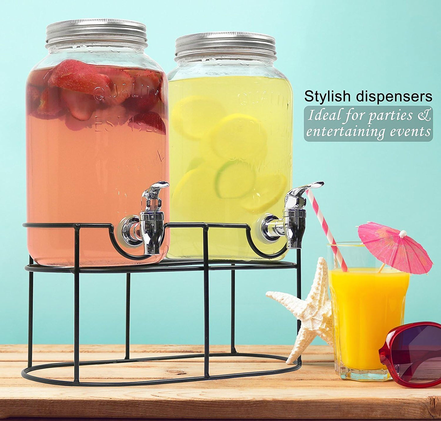 Estilo Gallon Drink Dispenser with Stand - Glass Beverage Dispenser with Stand for Weddings - Sun Tea Jar with Spigot 1 Gallon - Countertop Glass Water Dispenser for Lemonade and Parties